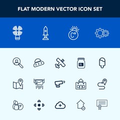 Modern, simple vector icon set with dessert, container, military, technology, ship, map, food, post, sweet, tin, war, computer, message, pin, beacon, can, gun, cream, aluminum, plane, road, ufo icons