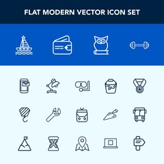 Modern, simple vector icon set with container, style, lamp, home, spanner, bird, success, phone, equipment, exercise, mail, bag, diving, reward, award, mask, glass, tool, object, bucket, workout icons