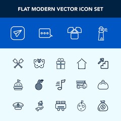 Modern, simple vector icon set with estate, message, tune, present, lighthouse, explosion, ocean, butterfly, music, fire, gift, bread, architecture, tshirt, insect, lunch, package, oar, internet icons