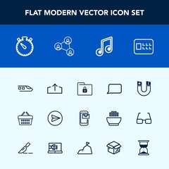 Modern, simple vector icon set with pole, talk, transport, speech, web, download, time, bubble, upload, musical, transportation, communication, timer, security, railway, bank, sand, technology icons