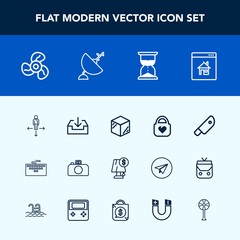 Modern, simple vector icon set with interior, leather, time, laptop, food, real, box, house, property, light, ventilator, kitchen, sand, place, technology, air, cut, work, computer, fan, package icons