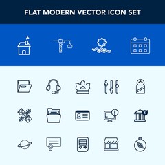 Modern, simple vector icon set with technology, space, satellite, white, saw, communication, calendar, sun, schedule, call, identification, nature, paper, house, crown, salt, spice, folder, time icons