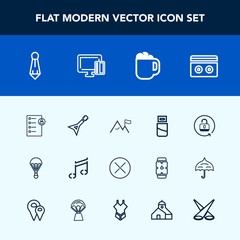 Modern, simple vector icon set with open, white, audio, protection, sky, extreme, business, stereo, lock, close, suit, human, cup, plug, sound, element, coffee, parachute, unlock, male, payment icons