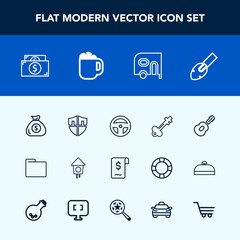 Modern, simple vector icon set with van, business, financial, construction, cafe, door, security, blank, birdhouse, currency, transport, medicine, sign, cup, home, cash, protect, banking, music icons