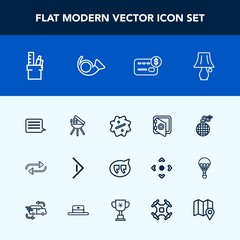 Modern, simple vector icon set with bugle, trumpet, cooking, label, balance, chat, bulb, banking, arrow, grill, safe, replace, explosion, button, sale, credit, discount, light, work, security icons