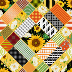 Seamless patchwork pattern with sunflowers, white chamomile flowers and geometric ornament. Vintage vector illustration in watercolor style.  - obrazy, fototapety, plakaty