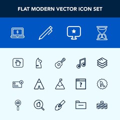 Modern, simple vector icon set with sound, time, musical, building, strategy, notebook, music, tent, sign, information, business, bag, internet, pencil, laptop, screen, timer, chess, adventure icons