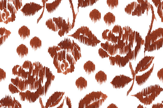 Ethnic floral chevron pattern bloom roses brown color traditional ornament. Floral watercolor painting seamless. Aztec floral flowers ikat zig zag style background isolated on a white