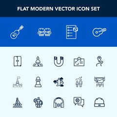 Modern, simple vector icon set with delivery, flight, rocket, horse, airplane, package, white, map, checklist, pole, business, space, launch, interior, field, musical, tower, navigation, castle icons