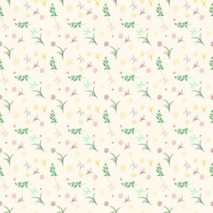 Vector floral pattern in doodle style with flowers and leaves. Gentle, spring floral background