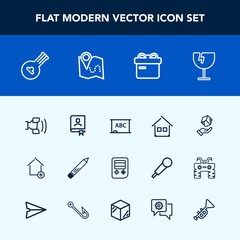 Modern, simple vector icon set with black, chalkboard, blackboard, music, folk, apartment, telephone, pencil, package, box, estate, location, web, present, string, mobile, cell, stationery, book icons