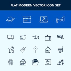 Fototapeta na wymiar Modern, simple vector icon set with astronomy, technology, ventilator, button, finance, university, cooler, space, electric, sign, money, screen, education, fan, white, call, graduation, video icons