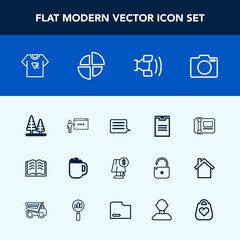 Modern, simple vector icon set with page, pie, mug, lens, mobile, camera, business, drink, sign, lamp, book, stationary, package, equipment, delivery, chart, coffee, print, go, internet, message icons