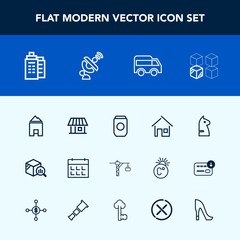 Modern, simple vector icon set with global, report, architecture, left, chess, schedule, saw, satellite, hammer, tin, package, communication, statistic, chessboard, strategy, replacement, estate icons