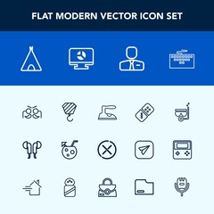 Modern, simple vector icon set with housework, keyboard, sea, water, tent, juice, festival, construction, cancel, camp, party, technology, ironing, employer, snorkel, iron, computer, adventure icons