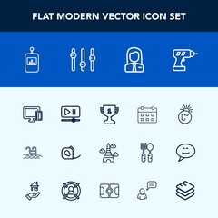 Modern, simple vector icon set with place, business, television, credit, tower, pool, blue, first, achievement, timetable, swimming, time, scale, machine, video, insulating, tape, card, landmark icons