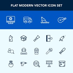 Modern, simple vector icon set with unpacking, left, drink, direction, strategy, exit, web, cosmonaut, chessboard, bottle, coffee, sky, shop, technology, space, music, star, online, computer icons