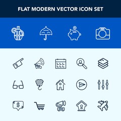 Modern, simple vector icon set with home, people, military, gramophone, bank, record, weapon, war, online, camera, data, eye, money, construction, technology, investment, pointing, retro, time icons