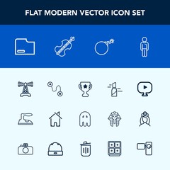 Modern, simple vector icon set with estate, horror, video, home, document, red, place, paper, file, communication, destination, media, position, radio, domestic, winner, lipstick, award, makeup icons