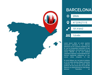 Barcelona map shape vector infographics template. Modern Spain Catalonia city data statistic isolated illustration profile layout