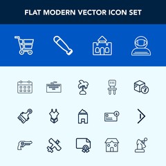 Modern, simple vector icon set with space, schedule, tower, weight, chair, bikini, work, spacesuit, tropical, cosmonaut, , box, laptop, baseball, day, timetable, building, medieval, comfortable icons