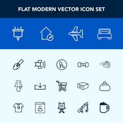 Modern, simple vector icon set with airplane, late, shovel, power, business, travel, gym, double, mobile, plug, lamp, shop, switch, cell, home, electric, aircraft, cart, workout, retail, fashion icons