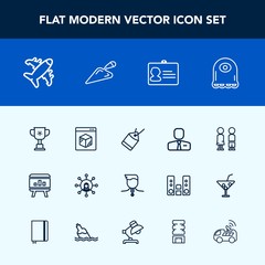 Modern, simple vector icon set with girl, paper, shovel, winner, label, internet, travel, people, plane, white, character, template, delivery, display, gold, name, victory, employee, technology icons