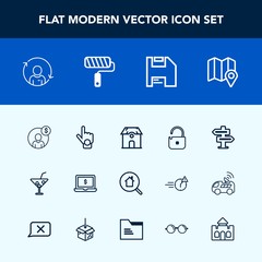 Modern, simple vector icon set with summer, computer, location, roll, money, protection, house, finger, refresh, door, finance, cocktail, laptop, search, account, architecture, pin, brush, sign icons