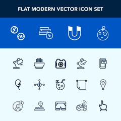 Modern, simple vector icon set with juice, astronaut, pole, flag, cash, field, dollar, moon, mail, cocktail, balloon, summer, photography, science, glass, finance, lamp, investment, phone, bank icons