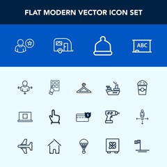 Modern, simple vector icon set with road, button, cash, head, modern, profile, war, place, internet, cup, cafe, hat, clothing, drink, military, coffee, coin, chalkboard, hanger, shop, background icons