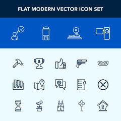 Modern, simple vector icon set with business, communication, party, weapon, video, place, mask, achievement, celebration, internet, equipment, profile, arrow, carnival, complete, pistol, gun, up icons