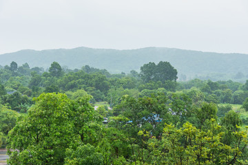 Fototapeta na wymiar Rainy cover plentiful mountains , trees in foreground.Thailand.