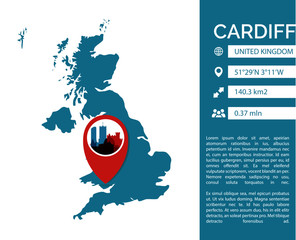 UK Cardiff pin point map shape vector infographics template. Modern United Kingdom Wales city data statistic isolated illustration profile