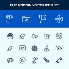 Modern, simple vector icon set with ship, equipment, print, helm, star, telescope, aircraft, white, drill, machine, sky, typography, america, nautical, lamp, travel, television, communication icons