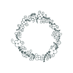 Hand-drawn wreath with flowers, leaves and curls.