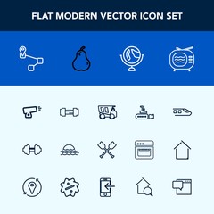 Modern, simple vector icon set with travel, location, tipper, canoe, technology, truck, exercise, antenna, dumper, pear, dump, navigation, gym, gun, workout, boat, television, nature, morning icons