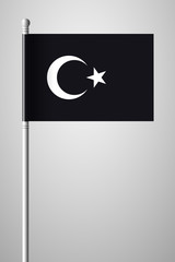 Black Turkish Flag with White Crescent and Star. National Flag on Flagpole. Isolated Illustration on Gray