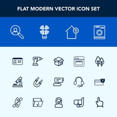 Modern, simple vector icon set with internet, camera, laboratory, identity, online, machine, work, owner, unpacking, washer, identification, cardboard, research, landlord, record, magnetic, view icons