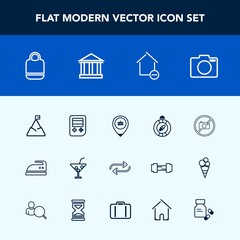 Modern, simple vector icon set with east, cocktail, fashion, button, lens, juice, glass, nature, landscape, drink, clothes, forbidden, bag, sign, work, compass, photo, replace, sky, south, style icons