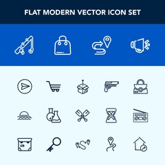 Modern, simple vector icon set with technology, equipment, landscape, sunrise, retail, loud, rod, cart, style, pistol, handgun, paddle, morning, oar, gun, fishing, nature, bag, new, trolley, sun icons