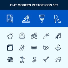 Modern, simple vector icon set with female, sport, finance, repair, oar, coin, fight, wrench, technology, science, tool, monster, equipment, zoom, canoe, button, high, fishing, paintbrush, file icons