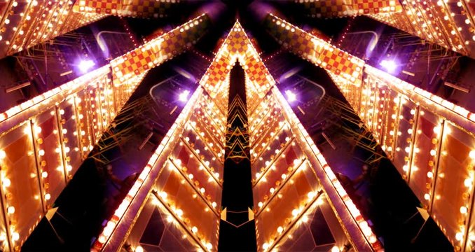 perspective fairground space of bulbs and running light, 4k seamless looping