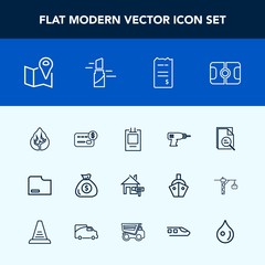Modern, simple vector icon set with location, sign, tree, property, bank, environment, rent, equipment, financial, label, nature, work, tool, lipstick, stadium, forest, pin, hand, soccer, bill icons