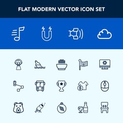 Modern, simple vector icon set with dinner, navigation, computer, winner, national, setting, clean, food, tune, musical, liquid, home, cell, transport, mobile, music, location, balloon, first icons