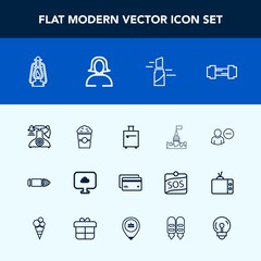 Modern, simple vector icon set with gym, shop, luggage, trip, cloud, delete, fitness, telephone, bullet, lamp, military, medieval, kerosene, money, old, travel, workout, exercise, debit, plastic icons