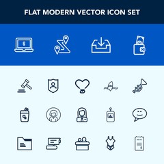 Modern, simple vector icon set with business, purse, bugle, surfer, shield, sign, laptop, computer, young, money, lawyer, juice, employee, surf, wallet, ocean, jazz, technology, love, trumpet icons