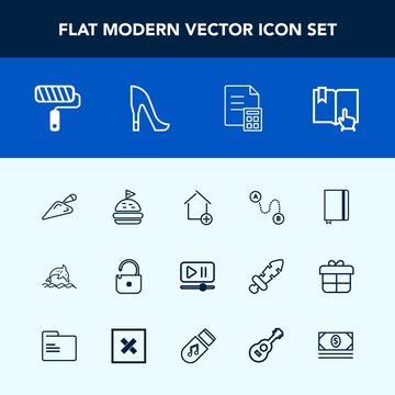 Modern, simple vector icon set with roll, destination, equipment, house, shovel, open, click, position, property, money, apartment, protection, page, sandwich, lunch, finance, home, banking, new icons