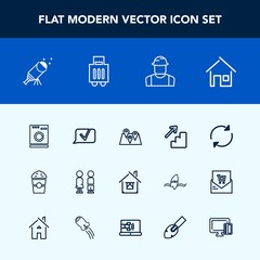 Modern, simple vector icon set with luggage, up, travel, person, down, coffee, engineer, night, chat, appliance, laundry, machine, home, star, sky, house, girl, telescope, cup, washer, location icons