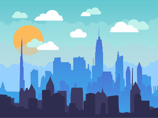 Flat cityscape in the morning with blue sky, white clouds and sun. Urban city skyline illustration. Modern flat panoramic vector background