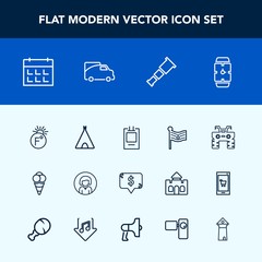 Modern, simple vector icon set with frame, adventure, cream, tent, space, dirt, camp, dessert, america, food, square, day, girl, schedule, telescope, minute, scale, calendar, face, temperature icons